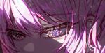  1other 25-ji_night_code_de._(project_sekai) akiyama_mizuki androgynous close-up eyelashes gem glowing glowing_eye hair_between_eyes half-closed_eyes heterochromia highres kika long_eyelashes multicolored_eyes pink_eyes pink_hair project_sekai purple_eyes purple_theme solo upper_body yellow_eyes 