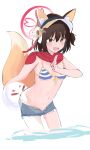  1girl :d animal_ears bag ball bangs bare_arms beachball bikini blue_archive blue_shorts blush breasts brown_eyes brown_hair brown_headwear commentary_request fang flower fox_ears fox_girl fox_tail front-tie_bikini front-tie_top hair_between_eyes highres holding holding_bag izuna_(blue_archive) izuna_(swimsuit)_(blue_archive) kuji-in leaning_forward looking_at_viewer medium_breasts navel neika-chan open_clothes open_fly open_shorts short_shorts shorts simple_background smile solo standing striped striped_bikini sunflower swimsuit tail v-shaped_eyebrows visor_cap water white_background yellow_flower 