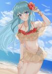  1girl bangs beach bikini blue_eyes blue_hair blue_sky bracelet breasts cleavage cloud cloudy_sky commission eirika_(fire_emblem) fire_emblem fire_emblem:_the_sacred_stones fire_emblem_heroes flower hair_flower hair_ornament highres jewelry looking_at_viewer miaxkr navel necklace official_alternate_costume skeb_commission sky smile solo swimsuit 