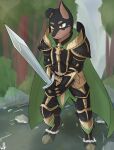 2022 absurd_res anthro armor black_armor black_body black_fur breastplate brown_body brown_fur canid canine cape clothed clothing detailed_background digital_media_(artwork) forest fur gauntlets gloves gold_(metal) gold_armor handwear hi_res male mammal melee_weapon plant river solo sword tree water weapon whitev 