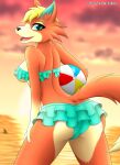  animal_crossing anthro audie_(animal_crossing) ball beach beach_ball big_butt bikini blonde_hair breasts butt butt_pose canid canine canis cheek_tuft clothed clothing cloud diamondstorm dipstick_tail facial_markings facial_tuft female fluffy fluffy_tail fox frilly frilly_clothing fur gloves_(marking) green_clothing green_eyes hair head_markings hi_res inflatable inner_ear_fluff looking_at_viewer looking_back mammal markings multicolored_body multicolored_fur muzzle_(marking) nintendo orange_body orange_fur pose raised_tail sea seaside shark_fin skimpy snout snout_markings solo sunset swimwear tail_markings thick_thighs tuft video_games water wide_hips wolf yellow_body yellow_fur 