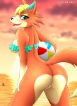  animal_crossing anthro audie_(animal_crossing) ball beach beach_ball bedroom_eyes big_butt bikini bikini_top blonde_hair blush bottomless breasts butt butt_pose canid canine canis cheek_tuft clothed clothing cloud countershading diamondstorm dipstick_tail facial_markings facial_tuft female fluffy fluffy_tail fox frilly frilly_clothing fur genitals gloves_(marking) green_clothing green_eyes hair head_markings hi_res inflatable inner_ear_fluff looking_at_viewer looking_back mammal markings multicolored_body multicolored_fur muzzle_(marking) narrowed_eyes nintendo orange_body orange_fur pose pussy raised_tail sea seaside seductive shark_fin skimpy snout snout_markings solo sunset swimwear tail_markings thick_thighs tuft video_games water wide_hips wolf yellow_body yellow_fur 