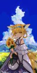  1girl absurdres animal_ears arknights blonde_hair blue_hairband blue_sky bouquet braid clothing_cutout cloud cloudy_sky cowboy_shot day dress earpiece extra_ears flower fox_ears fox_girl fox_tail green_eyes hairband highres holding holding_bouquet kitsune lch long_hair looking_at_viewer mountainous_horizon multiple_tails outdoors purple_dress shoulder_cutout single_wrist_cuff sky smile solo sunflower suzuran_(arknights) tail two-tone_dress white_dress white_wrist_cuffs wrist_cuffs yellow_flower 