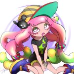  1girl baseball_cap between_legs black_shirt bracelet clownfish colored_eyelashes drooling fish frown gradient_hair green_eyes green_hair green_skirt hand_between_legs harmony&#039;s_clownfish_(splatoon) harmony_(splatoon) hat highres jewelry long_hair low_twintails miniskirt multicolored_footwear multicolored_hair no_eyebrows no_nose open_mouth orange_hair oversized_clothes oversized_shirt pink_hair pink_pupils shirt shoes short_sleeves sitting skirt sneakers solo splatoon_(series) splatoon_3 striped striped_headwear takobe tentacle_hair twintails v_arms 