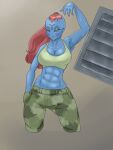  abs alien big_breasts blackbetty blue_body blue_skin bodily_fluids breasts camo clothing female hair humanoid muscular not_furry simple_background solo sweat t&#039;au_(warhammer) warhammer_(franchise) warhammer_40000 
