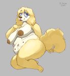  anthro areola belly big_areola big_breasts big_butt blue_eyes breasts butt canid canine canis chubby_female curvy_figure disney domestic_dog female fluffy fluffy_tail fur grey_background hi_res lady_and_the_tramp mammal mature_anthro mature_female multicolored_body multicolored_fur nipples nude peg_(disney) simple_background solo thick_thighs voluptuous wide_hips xmobile 