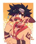  5_fingers absurd_res anthro black_body black_fur black_hair blep blush bound brown_body brown_fur canid canine collar eyewear eyewear_on_head fennec fingers fluffy fox fur fur_markings gesture hair harness hi_res kiro_(artist) kiro_(character) male mammal markings muzzle_(object) muzzled red_harness safety_harness solo tan_body tan_fur tongue tongue_out yellow_eyes 