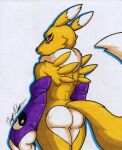  anthro bandai_namco black_sclera butt canid canine digimon digimon_(species) fur hi_res male mammal renamon rotten_owl simple_background solo traditional_media_(artwork) tuft white_background white_body white_fur yellow_body yellow_fur 