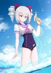  1girl absurdres blue_sky bow bronya_zaychik caisena chinese_commentary closed_mouth cloud commentary_request covered_navel day drill_hair grey_eyes grey_hair hair_bow hand_up highres holding honkai_(series) honkai_impact_3rd neckerchief one-piece_swimsuit outdoors pink_neckerchief purple_bow purple_sailor_collar purple_swimsuit sailor_collar school_uniform serafuku shirt short_sleeves sidelocks sky smile solo standing swimsuit swimsuit_under_clothes twin_drills water white_shirt 