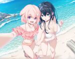  2girls 40hara :o absurdres bangs bare_arms beach bikini black_hair blue_eyes breasts cleavage collarbone commentary_request driftwood fang frilled_bikini frills from_above hair_between_eyes highres large_breasts locked_arms long_hair medium_hair multiple_girls navel ocean open_mouth original outstretched_arm pink_bikini pink_hair purple_eyes sandals selfie small_breasts smile standing swimsuit white_bikini 