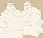  2022 96panda anthro balls belly big_belly canid canine canis domestic_dog duo eyes_closed eyewear flaccid genitals glasses hi_res kemono male male/male mammal moobs overweight overweight_male penis simple_background sitting small_penis ursid 