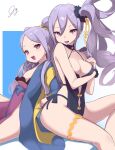  2girls absurdres bare_legs black_swimsuit breasts china_dress chinese_clothes dress fang fate/grand_order fate_(series) hair_ornament hair_scrunchie highres medium_breasts multiple_girls one-piece_swimsuit open_mouth purple_eyes purple_hair scrunchie side_ponytail signature small_breasts swimsuit thigh_strap user_zfux7728 wu_zetian_(fate) wu_zetian_(swimsuit_caster)_(fate) 