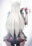  1girl absurdres alternate_hairstyle animal_ears armor ass back bodysuit cat_ears cropped_legs dizuit_plus flute from_behind gloves grey_hair highres instrument mio_(xenoblade) music official_alternate_costume playing_instrument solo spoilers standing thigh_gap xenoblade_chronicles_(series) xenoblade_chronicles_3 