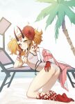  1girl absurdres arm_support ass bare_shoulders barefoot beach beach_chair blonde_hair breasts facial_mark fangs fate/grand_order fate_(series) fingernails floral_print flower forehead_mark full_body hair_flower hair_ornament hairband hand_on_own_cheek hand_on_own_face hibiscus highres horns ibaraki_douji_(fate) ibaraki_douji_(swimsuit_lancer)_(fate) ibaraki_douji_(swimsuit_lancer)_(second_ascension)_(fate) japanese_clothes kimono kimono_removed kiritzugu kneeling looking_at_viewer one-piece_swimsuit oni oni_horns palm_tree pink_kimono sharp_fingernails sharp_toenails shore small_breasts smile smug solo swimsuit tattoo thighs toenails tree twintails white_swimsuit yellow_eyes 