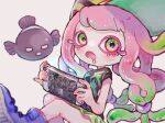  1girl baseball_cap black_shirt chromatic_aberration clownfish colored_eyelashes drooling fish frown gradient_hair green_eyes green_hair green_skirt handheld_game_console harmony&#039;s_clownfish_(splatoon) harmony_(splatoon) hat holding holding_handheld_game_console long_hair low_twintails miniskirt multicolored_hair nintendo_switch no_eyebrows no_nose open_mouth pink_hair purple_footwear shirt short_sleeves sideways_hat simple_background skirt splatoon_(series) splatoon_3 striped striped_headwear tebasaki_(teba_illust) tentacle_hair twintails two-tone_hair white_background 