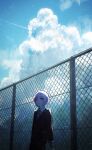  1other 25-ji_night_code_de._(project_sekai) akiyama_mizuki androgynous chain-link_fence closed_mouth cloud cloudy_sky contrail cumulonimbus_cloud eyelashes fence film_grain green_necktie hair_between_eyes highres kika leaning leaning_back long_eyelashes looking_at_viewer necktie one-hour_drawing_challenge outdoors pink_eyes pink_hair project_sekai short_hair sky solo striped striped_necktie 