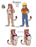  2022 absurd_res ahegao anthro armor belly big_belly blush bottomwear brown_body brown_hair clothing colored_sketch construction_worker cougar denim denim_clothing dyed-hair felid feline female flannel_shirt georgia_(panzerschreckleopard) hair hand_on_hip hand_on_stomach hard_hat headgear helmet hi_res jeans long_hair looking_pleasured mammal model_sheet muscular muscular_female orange_eyes pants panzerschreckleopard pubes purple_clothing purple_underwear red_hair sketch solo stuffing text tongue tongue_out underwear 
