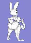  2022 anthro big_breasts big_butt bigdad breasts butt clothed clothing disney female hi_res judy_hopps lagomorph leporid looking_at_viewer looking_back looking_back_at_viewer mammal rabbit simple_background smile smiling_at_viewer solo straps zootopia 
