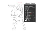  2022 absurd_res anthro backpack bedroll big_breasts bodily_fluids bottomwear bra breast_expansion breasts character_name clothing digital_drawing_(artwork) digital_media_(artwork) digitigrade english_text expansion exposed_breasts female gameplay_mechanics gym_bottomwear gym_clothing gym_shorts hi_res holding_object huge_breasts hyper hyper_breasts keinga kobold kommi_hornblow leaking line_art looking_at_self meter nipples open_mouth restricted_palette scalie shorts solo sound_effects status_effect surprise sweat text underwear user_interface 