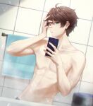  1boy cellphone ciawasemono collarbone green_eyes hand_on_own_face highres holding holding_phone male_focus min_suha nijisanji nijisanji_kr phone smartphone solo tile_wall tiles toned toned_male topless_male towel towel_rack virtual_youtuber wet 