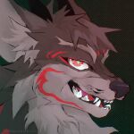  1:1 2021 anthro canid canine canis demon dragon facial_tattoo fangs fur grey_body grey_fur grin horn hybrid icon looking_at_viewer male mammal moruq red_eyes smile solo tattoo windbarkers wolf 