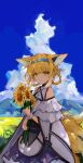  1girl absurdres animal_ears arknights blonde_hair blue_hairband blue_sky bouquet braid clothing_cutout cloud cloudy_sky cowboy_shot day dress earpiece extra_ears flower fox_ears fox_girl fox_tail green_eyes hairband highres holding holding_bouquet kitsune lch long_hair looking_at_viewer mountainous_horizon multiple_tails outdoors purple_dress revision shoulder_cutout single_wrist_cuff sky smile solo sunflower suzuran_(arknights) tail two-tone_dress white_dress white_wrist_cuffs wrist_cuffs yellow_flower 