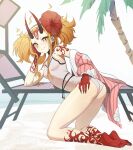  1girl absurdres arm_support ass bare_shoulders barefoot beach beach_chair blonde_hair breasts english_commentary facial_mark fangs fate/grand_order fate_(series) fingernails floral_print flower forehead_mark full_body hair_flower hair_ornament hairband hand_on_own_cheek hand_on_own_face hibiscus highres horns ibaraki_douji_(fate) ibaraki_douji_(swimsuit_lancer)_(fate) ibaraki_douji_(swimsuit_lancer)_(second_ascension)_(fate) japanese_clothes kimono kimono_removed kiritzugu kneeling looking_at_viewer one-piece_swimsuit oni oni_horns palm_tree pink_kimono sharp_fingernails sharp_toenails shore small_breasts smile smug solo swimsuit tattoo thighs toenails tree twintails white_swimsuit yellow_eyes 