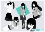  1girl aizawa_ayaka book bow bowtie dolphin_shorts greyscale highres jacket kamo_kamen medium_skirt monochrome pantyhose pleated_skirt ponytail reading school_uniform shirt short_shorts shorts skirt t-shirt tying_hair wasureenu_majo_no_monogatari 