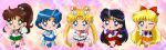  0yasumi_0nemu3 5girls aino_minako bishoujo_senshi_sailor_moon black_hair blonde_hair blue_choker blue_hair blue_sailor_collar chibi choker green_choker green_sailor_collar heart heart_choker highres hino_rei kino_makoto long_hair mizuno_ami multiple_girls orange_sailor_collar pink_background purple_eyes red_choker red_sailor_collar red_skirt sailor_collar sailor_jupiter sailor_mars sailor_mercury sailor_moon sailor_senshi_uniform sailor_venus skirt tsukino_usagi twintails very_long_hair 