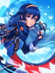  1girl absurdres alina_l armor bangs blue_cape blue_eyes blue_gloves blue_hair blue_sky cape closed_mouth cloud commentary fingerless_gloves fire_emblem fire_emblem_awakening floating_hair gloves hair_between_eyes highres holding holding_mask lips long_hair long_sleeves looking_at_viewer lucina_(fire_emblem) mask pauldrons pink_lips red_cape shoulder_armor signature sky solo tiara twitter_username two-tone_cape 