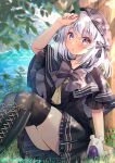  1girl :o black_thighhighs blush boots bow eduki_runa grass grey_hair hair_bow hat knee_boots lake liver_city looking_at_viewer parted_lips red_eyes shindoi_akio short_hair sitting skirt solo thighhighs tree virtual_youtuber 