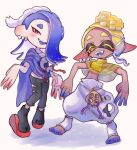  1girl 1other ;d black_pants black_socks blonde_hair blue_hair blue_skirt breasts cephalopod_eyes chest_sarashi clothing_cutout colored_eyelashes colored_skin crop_top cross-shaped_pupils dark-skinned_female dark_skin earrings eyeliner fangs food food_on_head forehead frye_(splatoon) full_body gradient_hair gradient_skin hachimaki hair_over_one_eye harem_pants headband highres horizontal_pupils jewelry long_hair looking_at_viewer makeup multicolored_hair multicolored_skin multiple_earrings navel nejiri_hachimaki object_on_head octarian one_eye_closed pants pink_pupils pointy_ears poncho red_eyeliner red_eyes red_footwear red_skirt sarashi see-through shiver_(splatoon) simple_background skirt sleeveless small_breasts smile socks splatoon_(series) splatoon_3 standing suction_cups tabi tebasaki_(teba_illust) teeth tempura tentacle_hair toeless_legwear turtleneck turtleneck_crop_top two-tone_hair white_background white_pants white_socks yellow_crop_top yellow_eyes 