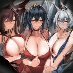  3girls absurdres akagi_(azur_lane) akagi_(ruby-laced_beauty)_(azur_lane) animal_ears asymmetrical_docking azur_lane black_hair blue_dress blue_eyes blue_gemstone boxingwanla breast_press breasts brown_hair brown_tail center_opening choker cleavage cocktail_dress dress evening_gown fox_ears fox_girl fox_tail gem gigantic_breasts halter_dress halterneck heart heart-shaped_pupils highres huge_breasts kaga_(azur_lane) kaga_(exalted_white_wings)_(azur_lane) kitsune kyuubi large_tail long_hair looking_at_viewer medium_hair multiple_girls multiple_tails o-ring_dress official_alternate_costume red_choker red_dress red_eyes symbol-shaped_pupils taihou_(azur_lane) taihou_(forbidden_feast)_(azur_lane) tail upper_body white_hair white_tail 