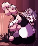  3_toes angry anthro bcm13 canid canid_demon canine canis clothing demon feet female foot_fetish foot_focus footwear hellhound helluva_boss hi_res humanoid legwear looking_at_viewer loona_(helluva_boss) mammal soles solo thick_thighs toes vivzmind wolf 