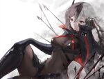  1girl armored_gloves azur_lane black_capelet black_footwear black_hair bodystocking boots breasts bruenhilde_(azur_lane) capelet covered_navel hand_on_own_knee high_collar highres knee_boots large_breasts lost-phews multicolored_hair red_eyes solo split-color_hair two-tone_hair white_hair 