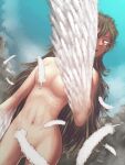  1girl @doy bangs brown_hair commentary completely_nude convenient_censoring feathered_wings feathers harpy highres long_hair monster_girl navel nude open_mouth original outdoors red_eyes solo very_long_hair white_feathers white_wings winged_arms wings 