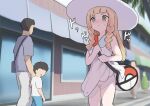  2girls 3boys :&lt; bag bangs blonde_hair blunt_bangs braid building closed_mouth collared_dress commentary_request day dress duffel_bag exhibitionism female_pubic_hair green_eyes hat holding_strap lillie_(pokemon) long_hair multiple_boys multiple_girls no_panties outdoors poke_ball_theme pokemon pokemon_(game) pokemon_sm pubic_hair public_indecency samidareura see-through sleeveless sleeveless_dress standing sun_hat sundress sweat tree trembling twin_braids white_dress white_headwear window 