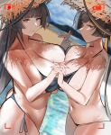  2girls ass asymmetrical_docking atago_(azur_lane) azur_lane beach bikini black_hair blue_eyes boxingwanla breast_press breasts cleft_of_venus hat highres huge_breasts large_breasts long_hair multiple_girls navel ponytail side-tie_bikini smile sun_hat swimsuit takao_(azur_lane) viewfinder 