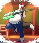  2018 4_toes anthro artythewulf bass_guitar beard belly bottomwear canid canine canis clothing countershading denim denim_clothing detailed_background facial_hair feet fur furniture green_eyes grey_body grey_fur guitar hair hi_res holding_musical_instrument holding_object jeans male mammal musical_instrument on_one_leg overweight overweight_anthro overweight_male pants plucked_string_instrument red_beard red_hair rumbling_stomach shirtless shirtless_male solo sound_effects standing stool string_instrument tanio toes wolf 