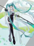  absurdres black_gloves boots flag full_body gloves green_eyes green_hair hatsune_miku headgear highres holding holding_flag long_hair racing_miku thigh_boots twintails user_vcdy8858 very_long_hair vocaloid 