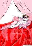  absurd_res anthro avian beak bed breasts cdelablancaluna claws crown demon feathers female furniture genitals helluva_boss hi_res holding_object mature_female nipples on_bed pink_eyes pussy solo stella_(helluva_boss) thick_thighs white_body white_feathers 