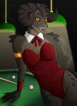  anthro ashe_colter bedroom_eyes bethesda_softworks billiard_table brown_body brown_scales bulge cigarette_smoke claws clothed clothing crossdressing deathclaw fallout fangs girly hi_res horn leaning_on_table male narrowed_eyes one-piece_swimsuit pupils red_eyes red_outfit reptile scales scalie seductive slit_pupils solo swimwear video_games wive 