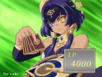  1girl bangs bare_shoulders blue_eyes blue_hair breasts candace_(genshin_impact) card dark-skinned_female dark_skin detached_sleeves duel_disk egyptian_clothes genshin_impact hair_between_eyes hair_ornament heterochromia holding holding_card jewelry medium_breasts meme parody purple_hair short_hair_with_long_locks shumali18 sidelocks simple_background solo standing yellow_eyes yu-gi-oh! 