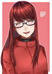  1girl :d absurdres bangs black-framed_eyewear border closed_eyes coat facing_viewer glasses heart highres long_hair open_mouth outline outside_border persona persona_5 persona_5_the_royal red_coat red_hair reonzeee0120 shiny shiny_hair smile solo straight_hair swept_bangs very_long_hair white_border yoshizawa_kasumi 