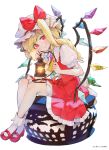  1girl blonde_hair bow crystal flandre_scarlet hat hat_bow mary_janes mob_cap puffy_short_sleeves puffy_sleeves red_eyes red_footwear red_skirt shoes short_sleeves simple_background skirt socks solo syuri22 touhou vest white_background wings 