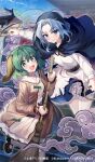  2girls :d blue_eyes blue_hair broom cloud dress fang green_eyes green_hair highres holding hood kasodani_kyouko kawachi_rin kumoi_ichirin long_sleeves multiple_girls official_art open_mouth petticoat skin_fang smile touhou touhou_arcadia_record unzan 