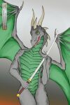  angry anthro dragon green_body grey_body hi_res horn hynvale katana looking_at_viewer male melee_weapon scalie simple_background smile smirk solo spikes stygon sword weapon western_dragon wings 