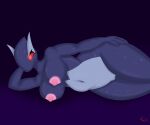  2vv7 black_body bodily_fluids breasts female glistening glistening_body glistening_skin glowing glowing_eyes hi_res humanoid legendary_pok&eacute;mon lying nintendo nipples on_side pok&eacute;mon pokemon_(species) red_eyes red_sclera shadow_lugia shadow_pok&eacute;mon solo sweat video_games 