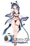  1girl bare_legs bikini black_bikini blue_eyes blue_hair breasts character_name cleavage collarbone escalation_heroines hood hoodie hose jacket long_sleeves medium_breasts nanahara_fuyuki open_clothes open_jacket sandals short_hair snowman swimsuit white_background 