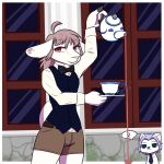  1:1 anthro bedroom_eyes beverage bovid brown_eyes brown_hair canid canine canis caprine chibi container cup duo freckles fur green_eyes grey_hair hair hi_res humanoid jin_the_lamb male mammal narrowed_eyes question_mark richard_the_wolf seductive serious serious_face sheep spill spilled_drink tea twtr waiter white_body white_fur window wolf 